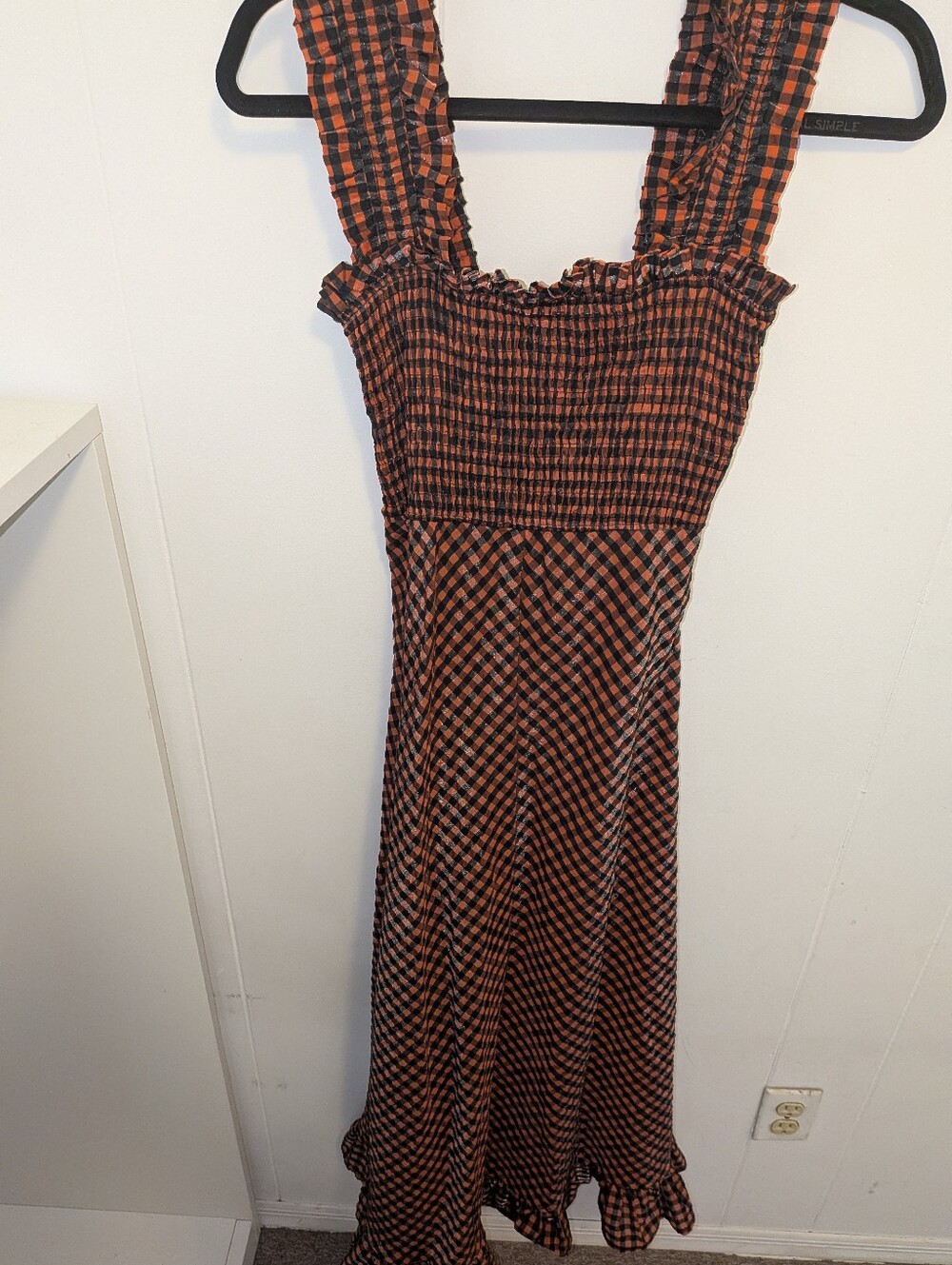 Ganni Black and Orange Smocked Ruffle-Hem Maxi Dress